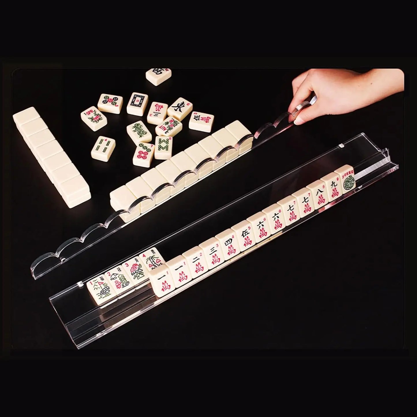 Acrylic Mahjong Racks with Pushers – 4-Piece Crystal Clear Set